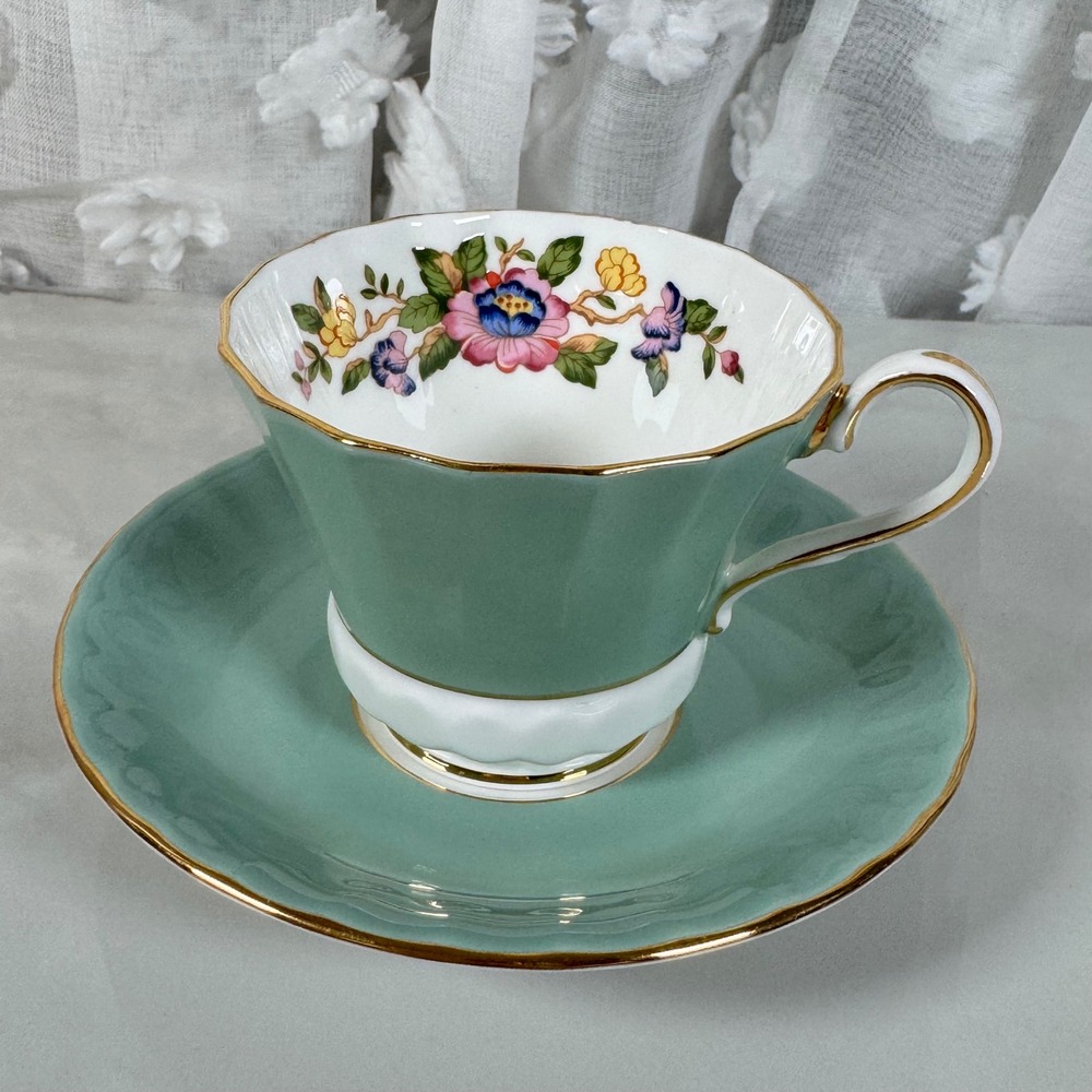 Vintage Aynsley Sage Green Floral Tea Cup and Saucer Fine English Bone China